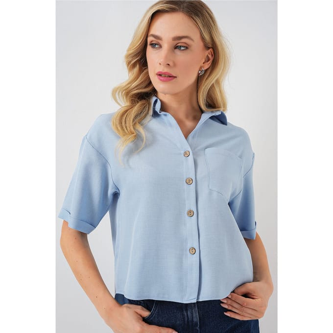 Linnen Gemengde Korte Mouw Knop-Up Crop Shirt