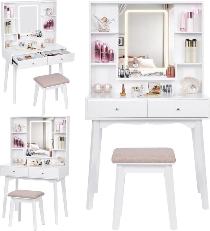 Make-uptafel met LED-verlichting en kruk - 3 kleuren - 5 laden - wit make up tafel
