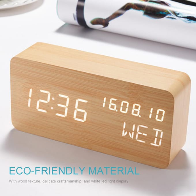 Bureau Houten Wekker met Spraakbesturing Datum Temperatuur Instelbaar 3 Helderheidsweergave LED kaki