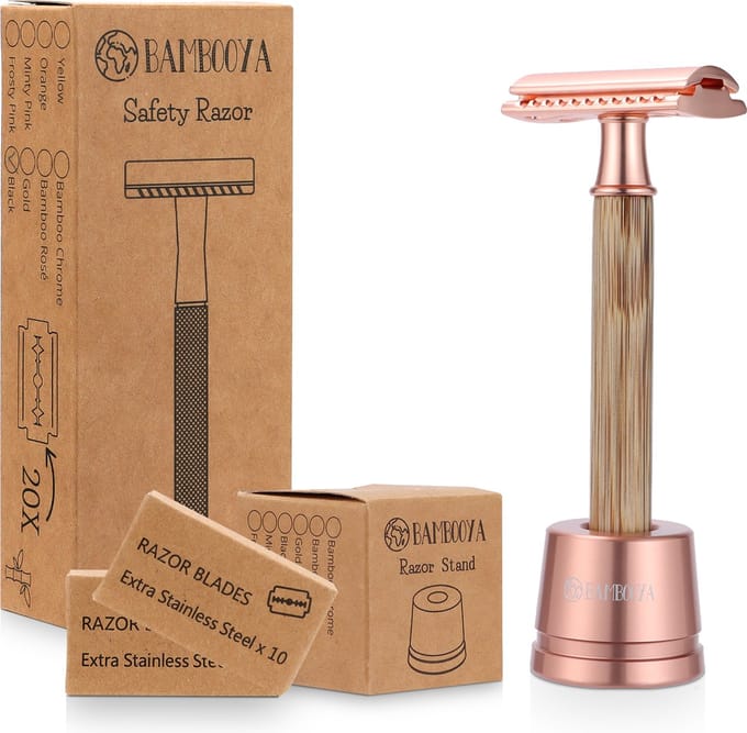 Safety Razor + Houder + 20 Scheermesjes Bamboe Milieuvriendelijk Set - Rosè Gold