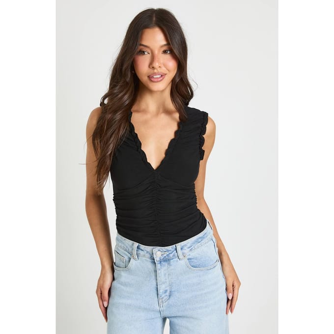 boohoo Dames Mesh Gerimpelde Bodysuit Met Halslijn | Zwart | Maat: 38