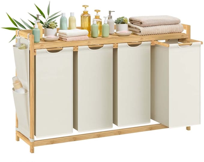 Wasmand – 4 compartimenten – 4 x 50 L – 124,6 x 33 x 78 cm – Crèmewit