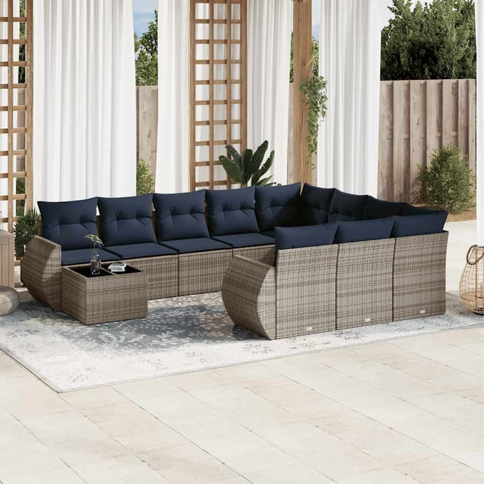 vidaXL - 11-delige - tuinbankset - met - kussens, - grijs - polyrotan