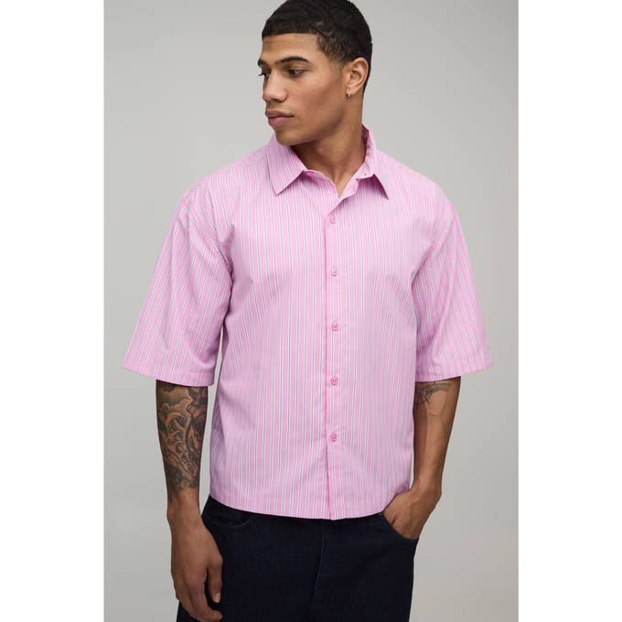 Oversized Boxy Shirt Met Halve Mouwen En Meerdere Strepen | Pink | Size Medium