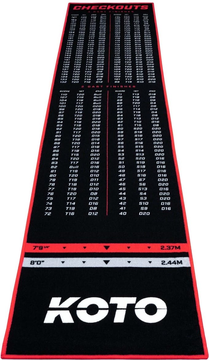 KOTO - Carpet Checkout Dartmat - Rood - 285 x 60 cm + Oche Score Indicator - Antislip