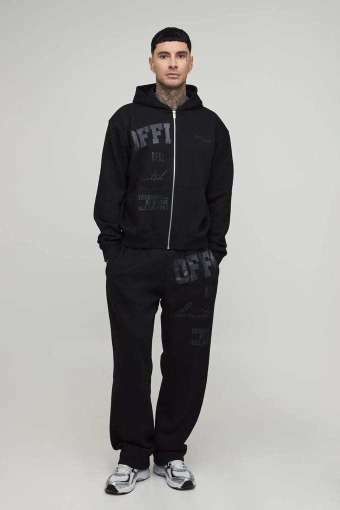 Lang Oversized Boxy Officieel Tonaal Print Ritssluiting Hoodie Trainingspak | Black | Size Small