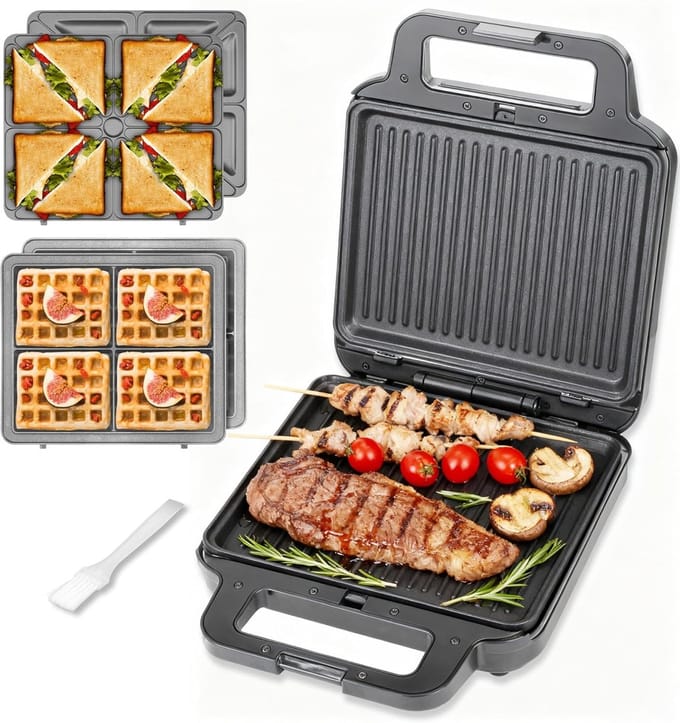Panini Grill - Sandwichmaker Grill - Snelle Maaltijden - 3-in-1 Functionaliteit - 1200 Watt - Zilver