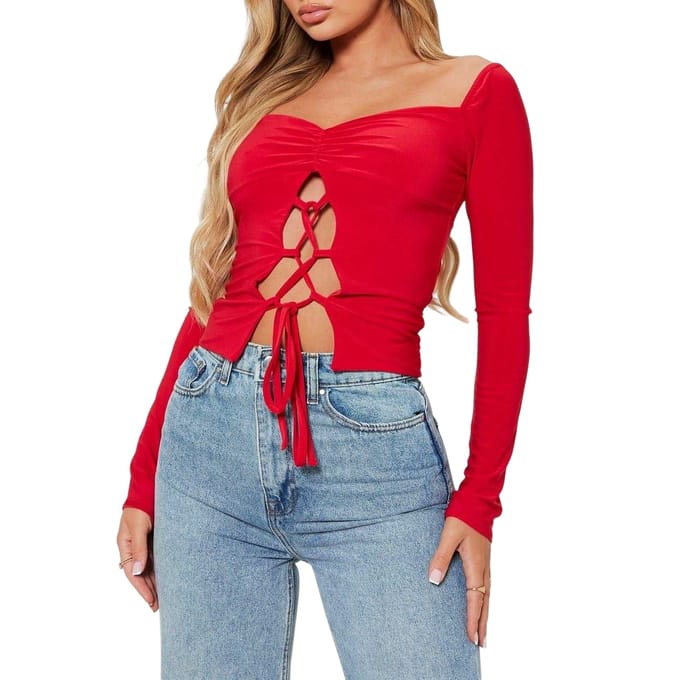 I Saw It First Crop-top voor dames met vetersluiting, dubbellaags en gerimpeld bij de buste (Rood)