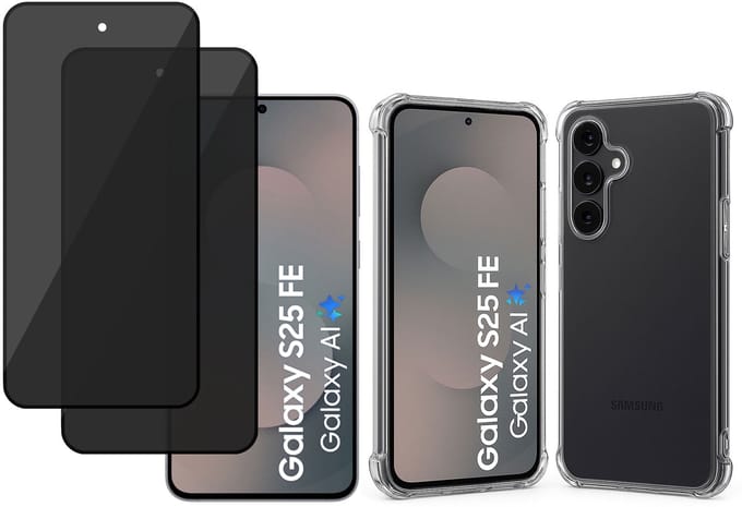 TechNow Hoesje + 2x Privé Screenprotector geschikt voor Samsung Galaxy S25 FE Hoesje Screenprotector - Privacy Tempered Glass - Case Transparant
