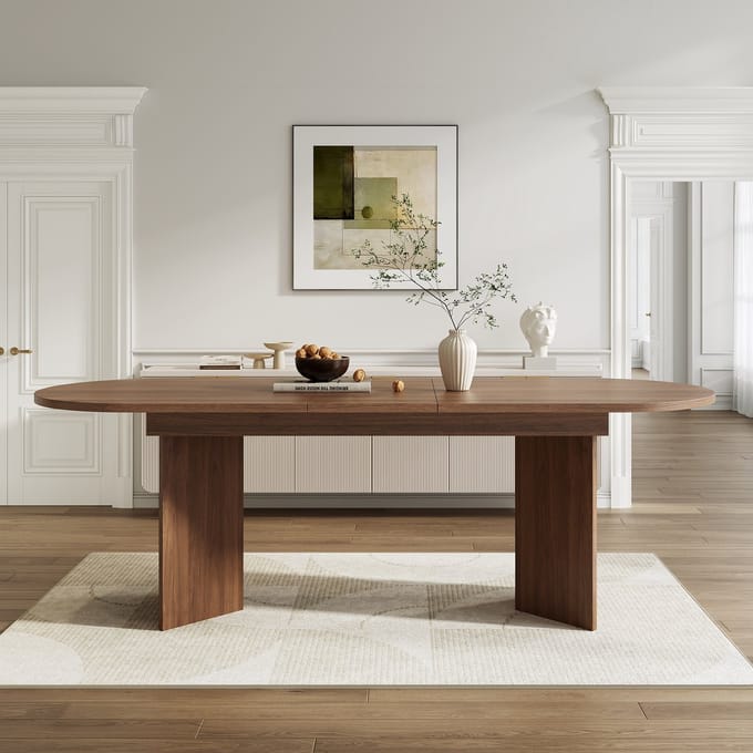 Wishdor - Uitschuifbare Eettafel - Verdikt Tafelblad - Afgeronde Hoeken - Modern - MDF - Walnoot