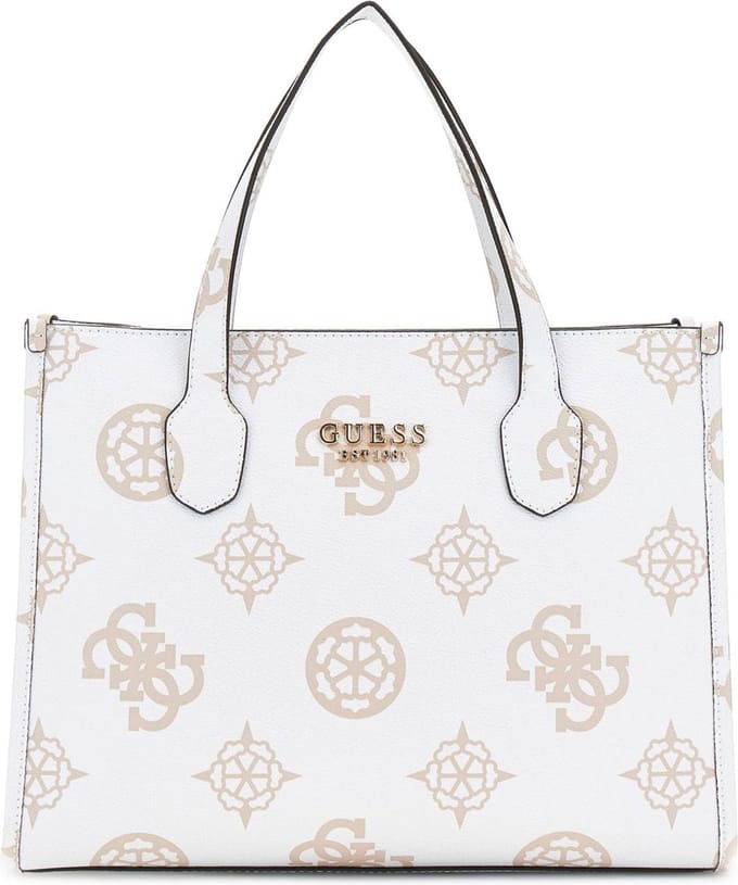 GUESS Handtas Schoudertas Silvana 2 Compartment Tote White Logo Wit