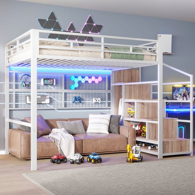 MODFU Hoogslaper 140x200 cm – Wit metaal/MDF met kledingkast – 7-kleuren LED – Opbergtrap – Ruimtebesparend