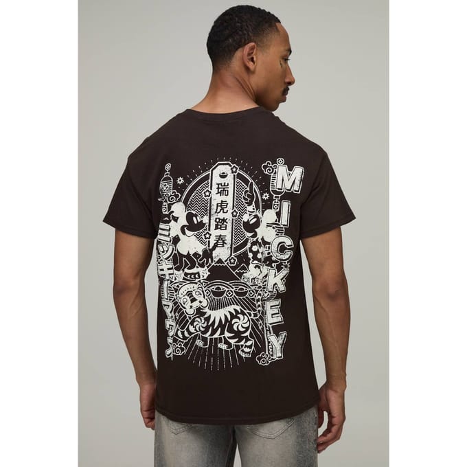 Oversized Mickey Oriëntaal Licentie Print T-shirt | Chocolate | Size Medium