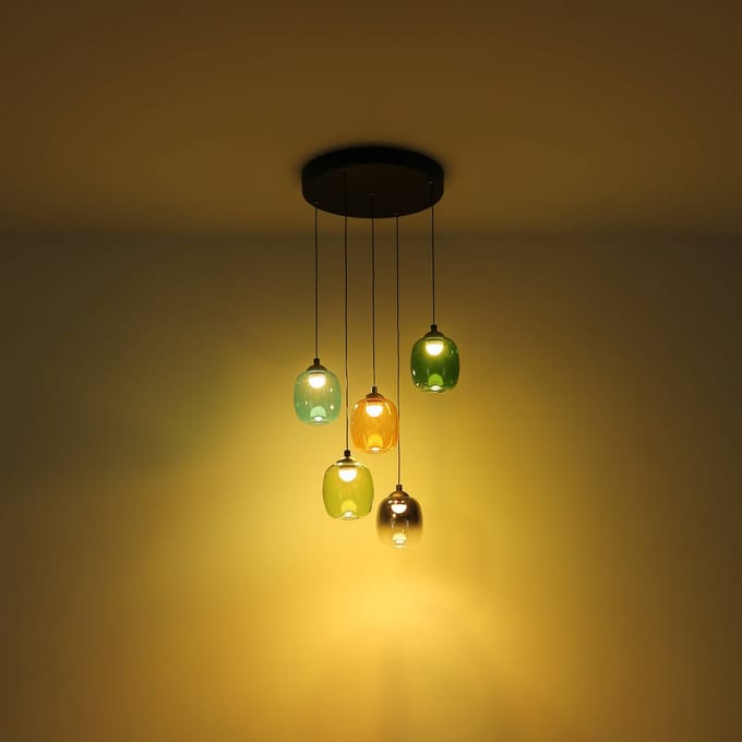 Globo LED hanglamp Minara, 5-lamps, Ø 43 cm, veelkleurig, glas