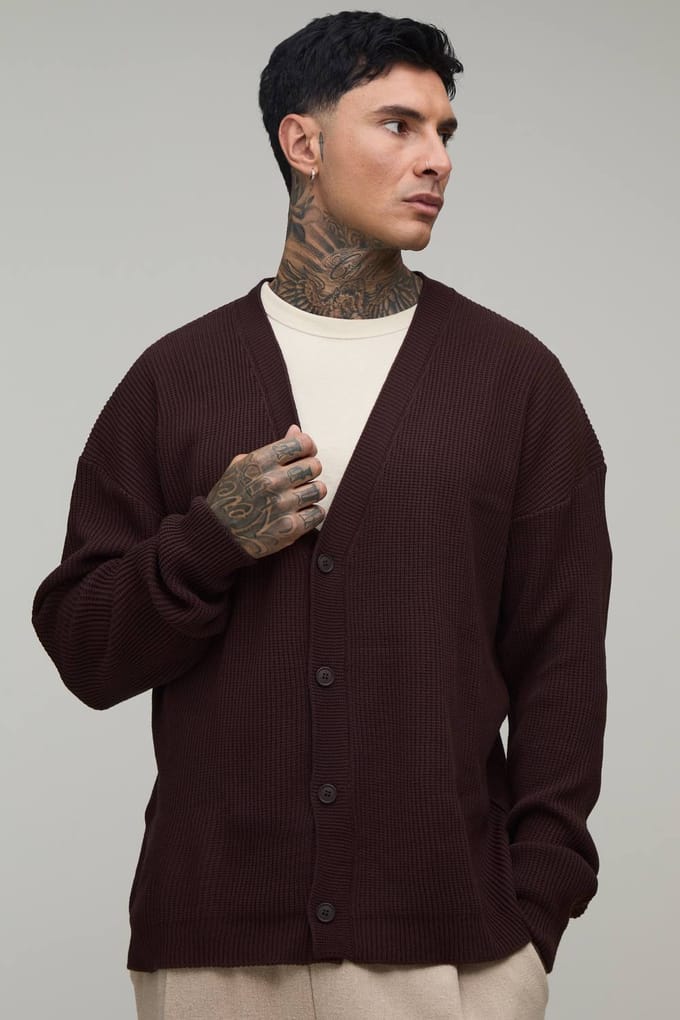 Lang Relaxed Geribbeld Gebreid Vest | Brown | Size Large