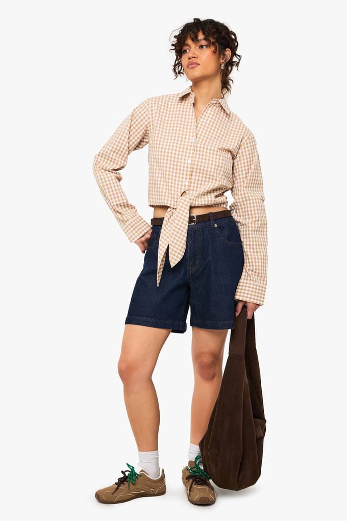 boohoo Dames Gingham Tie Front Shirt | Brown | Maat: 8