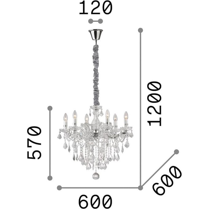 IDEAL LUX kroonluchter Florian, chroomkleurig, kristal, 6-lamps