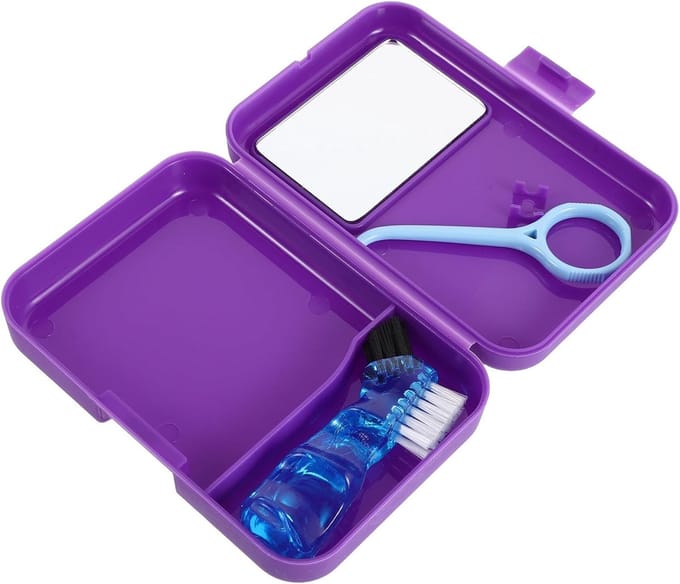 Beugelhouder met Spiegel - Retainer Case - Mondhygiëne - Dubbele Compartimenten - 11.3 x 7.8 x 2.8 cm - Paars