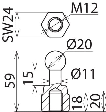 M12 vaste kogelpunt D 20 mm recht binnendraad - 754200