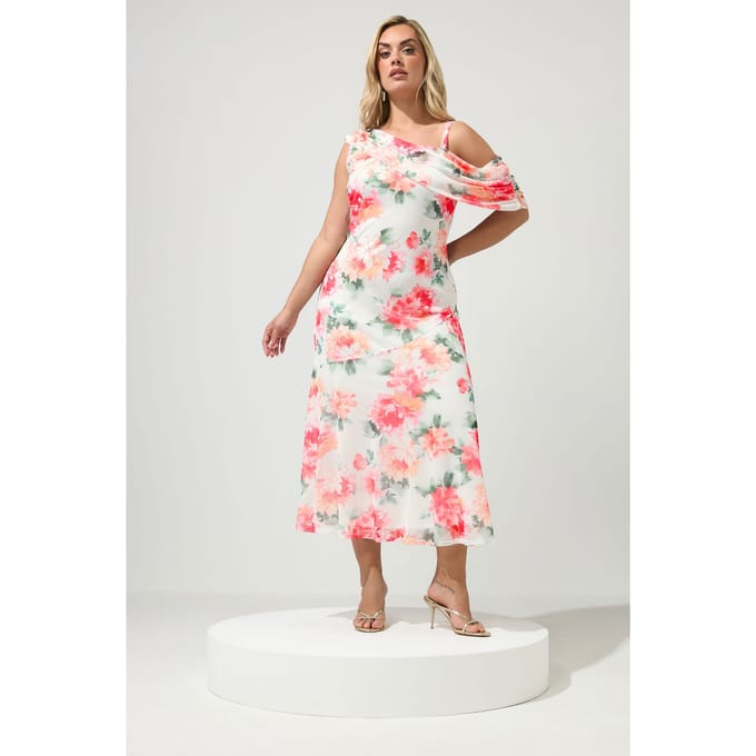 Yours London Witte Jurk Met Bloemenprint En Gedrapeerde Schouders Size 52