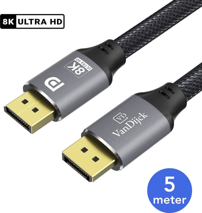 VanDijck DisplayPort 1.4 Kabel – 4K 144Hz – 8K 60Hz – 5 Meter – Grijs