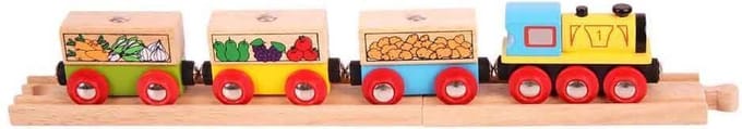 Houten Treinset met Groenten en Fruit, inclusief 2 sporen