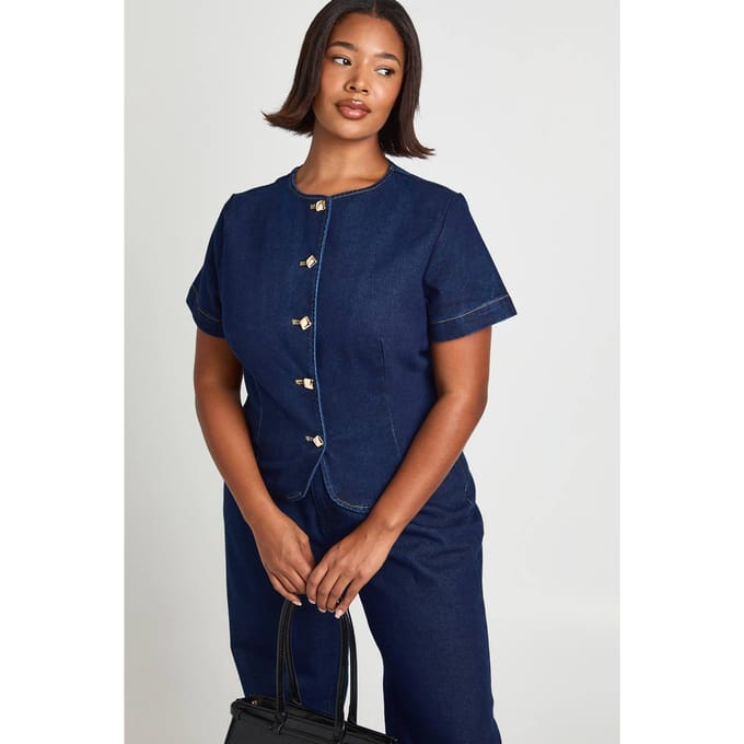 boohoo Dames Plus Gouden Knoop Korte Mouw Denim Top | Indigo | Maat: 44