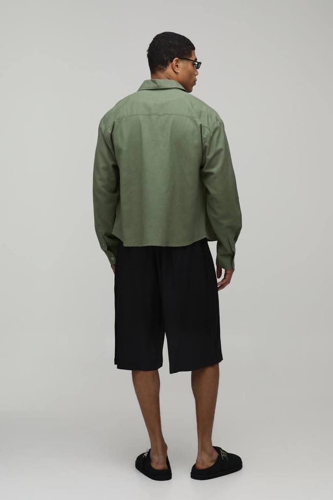 Oversized Boxy Long Sleeve Linen Co-Ord Blend Shirt | Olive | Size Medium