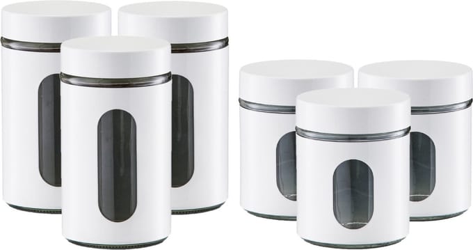 Zeller - 6x keuken voorraadpotten rvs - wit - 2 formaten 600 ml/900 ml