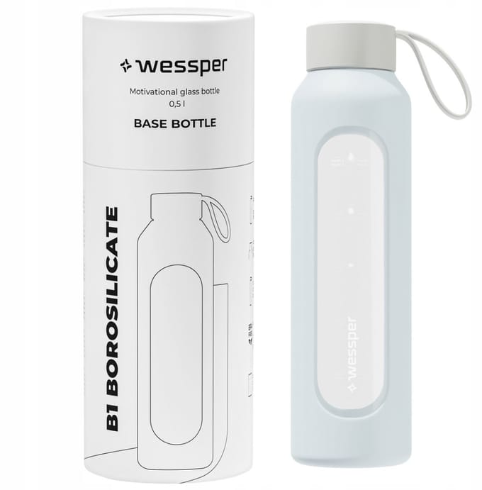 Glazen Motivatiefles 500ml – Duurzame Waterfles in Ice Blue