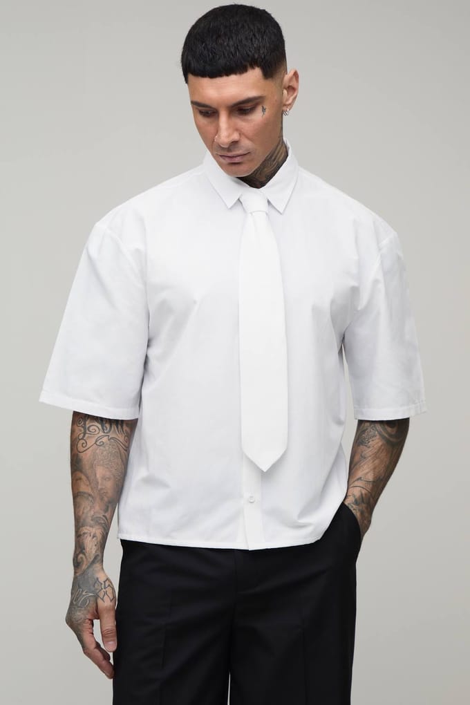 Oversized Boxy Shirt Met Halve Mouw En Stropdas | White | Size Medium