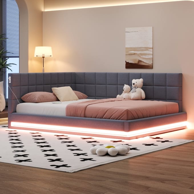 REDOM slaapbank 160x200 cm – Linnen grijs – LED (app), USB, lattenbodem – 250 kg