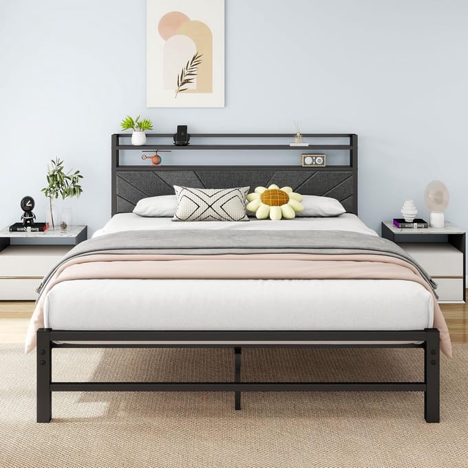 Tweepersoons Bedframe 120x200 cm met Gestoffeerd Hoofdbord - Donkergrijs