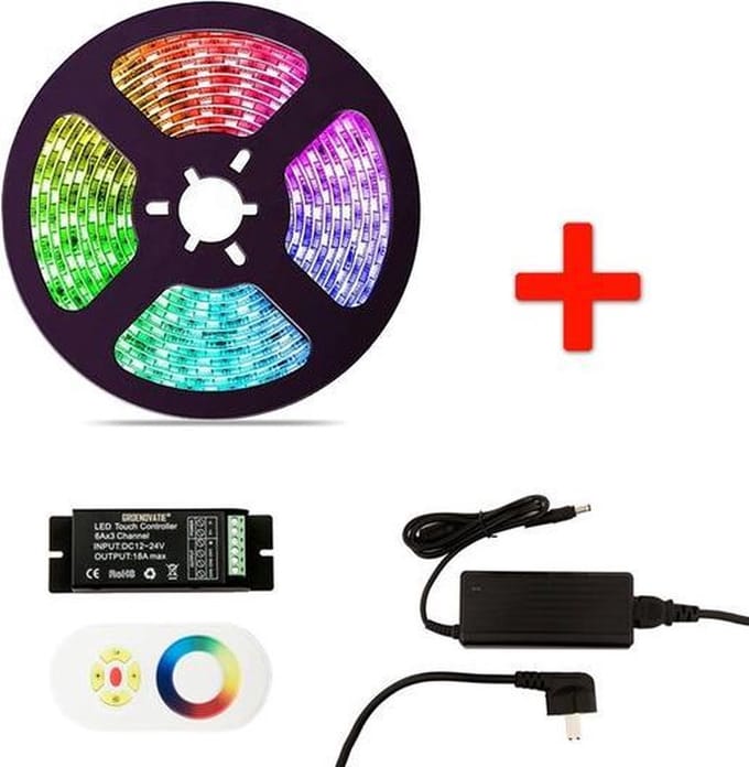RGB LED Strip Set - 5 Meter - 14.4 Watt/meter - Waterdicht IP65 - Met Adapter & Touch Afstandsbediening