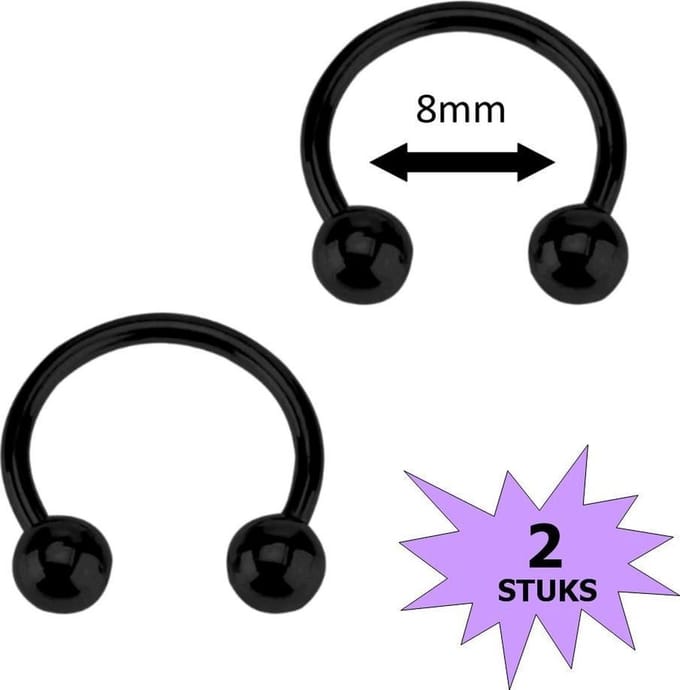 Fako Bijoux - Circular Barbell Piercing - Hoefijzer - 8mm - Zwart - 2 Stuks