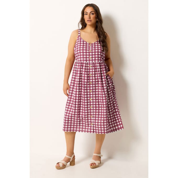 Yours Bordeauxrode Geruite Linnen Jurk Size 42