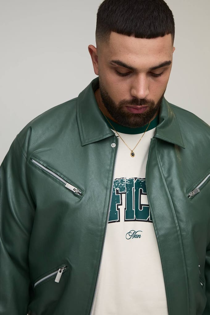 Plus Boxy Fit Zip Detail PU-gekleurd Bomberjack | Green | Size 2XL