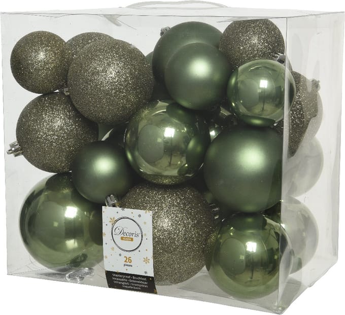 Decoris Kerstballen - 26x st - mosgroen - 6-8-10 cm - kunststof - kerstversiering