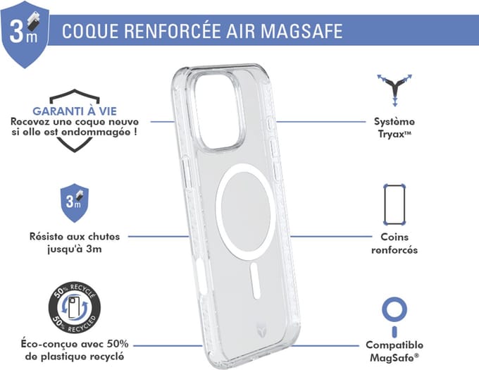 Force Case, Hoesje geschikt voor iPhone 16 Pro - MagSafe AIR Versterkt Tryax System 3M, Transparant