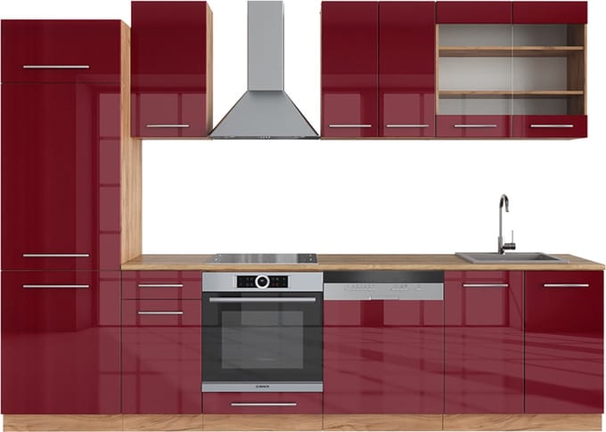 Vicco Fame-Line Complete keukeneenheid – 300 cm, WB Eik Bordeaux hoogglans/gouden eik
