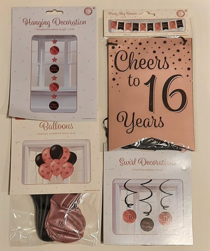 Feestversiering – rose gold/zwart - complete set - 16 jaar - luxe set