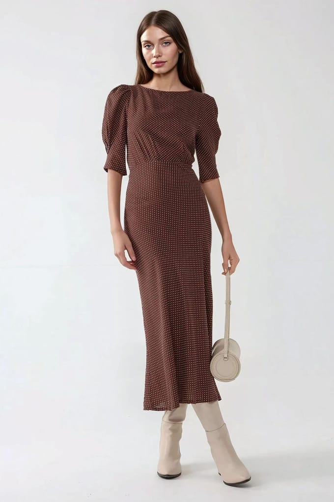 Gestippeld Fitted Midi Jurk