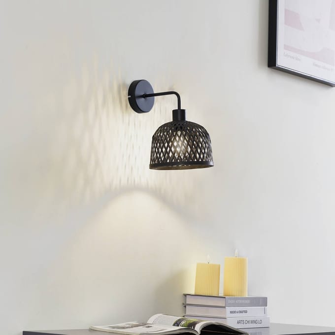 Lindby - Wandlamp hout - 1licht - Bamboe, metaal - H: 27 cm - E27 - zwart
