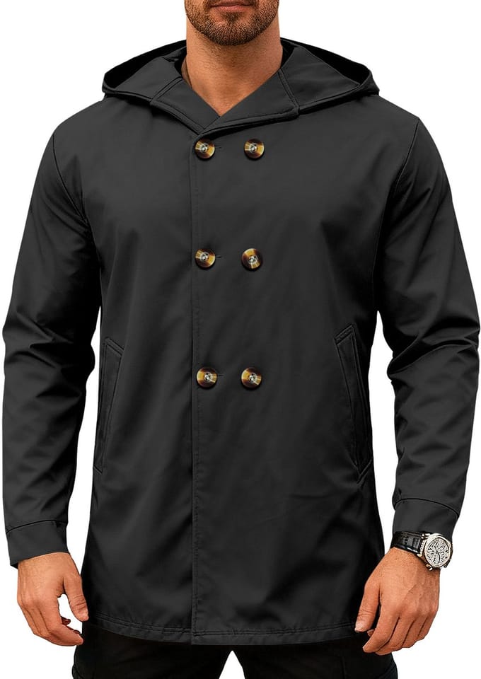 Lange Heren Jas met Capuchon - Zwart - Knopen