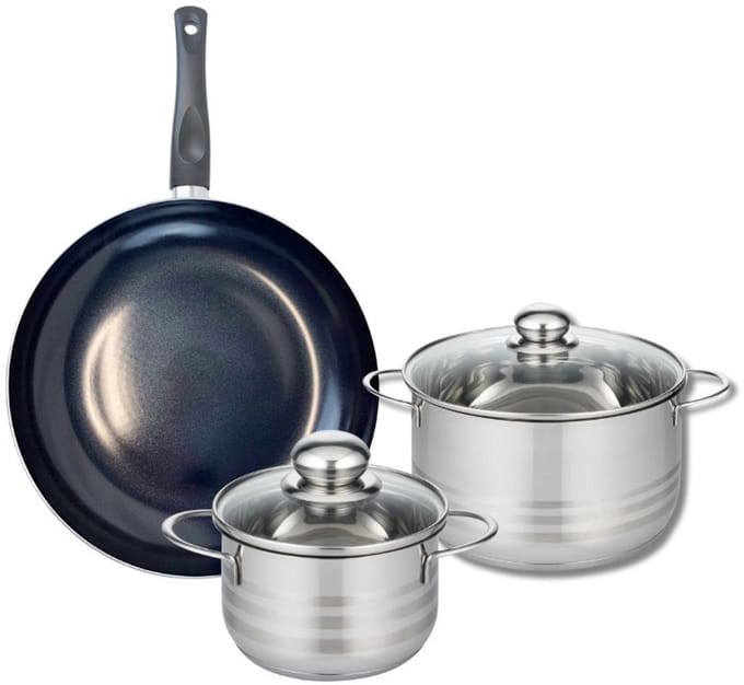 Set van 1 Koekenpan 28 cm en 2 kookpotten 16 en 20 cm Elo Prima Glanzend