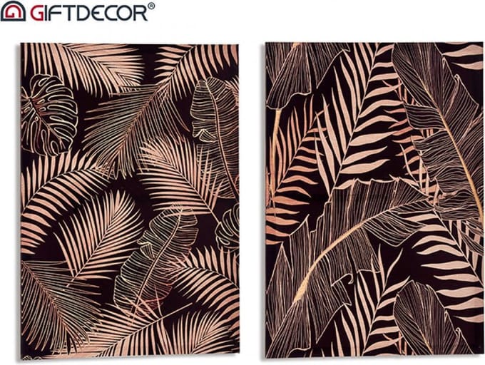 Set van 2 Canvas Schilderijen met Palmbladeren – Zwart/Brons – 50 x 70 cm