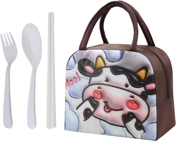 Allecto Plus - Cartoon lunchtas met koe en eetset voor kinderen - Waterdichte tas met grote capaciteit