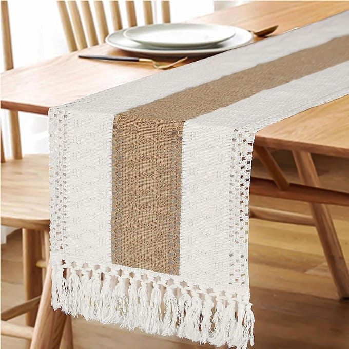 Boho Herfst Tafelloper Boerderij Jute Katoen Tafelloper met Kwastjes Geweven Macramé Huis Woonkamer Tafeldecoratie beige