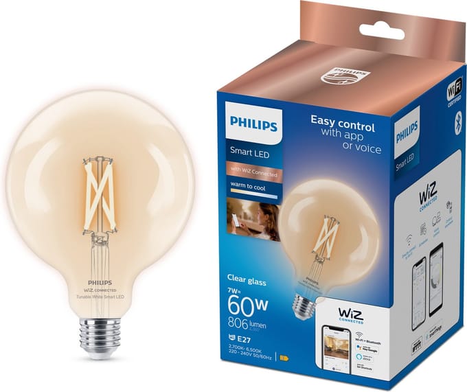Philips Smart LED Globe Filament - Slimme LED-Verlichting - Warm- tot Koelwit Licht - E27 - 60W - Transparant - Wi-Fi