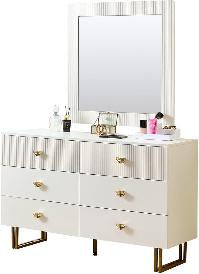 Dressoir Set - 80x80 cm - 6 Lades met Wandspiegel - Hout en Glas - Wit